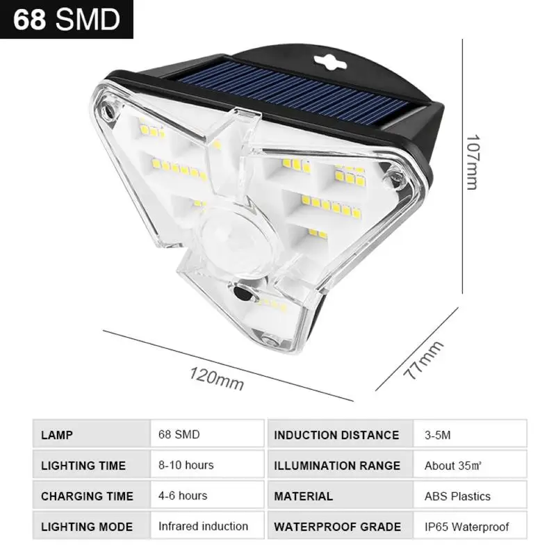 

LED Solar Light Waterproof Human Body Motion Sensor 68 LED Wall Street Lamp 3 Modes Smart Floodlight for Garden Patio