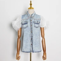 patchwork women jacket summer mesh lapel sleeveless button big size denim coat female fashion clothes tide