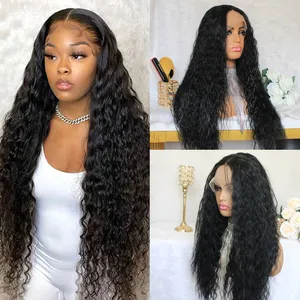 13*4 Lace Front Wigs 24" Deep Curly Wave Middle Part Gluless Synthetic Lace Wig for Women Natural Black Color Daily Use Wig