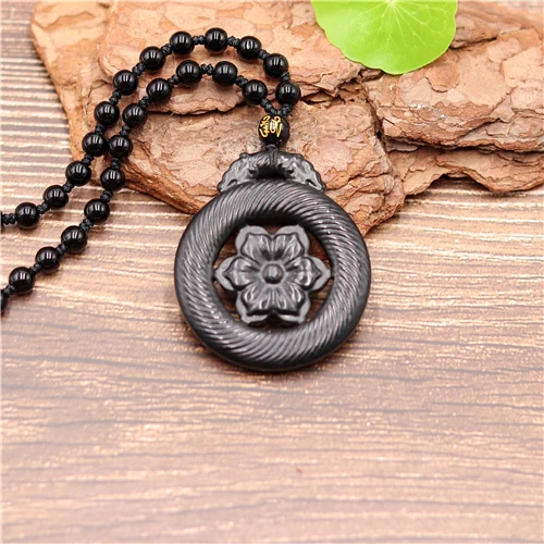 Натуральный черный зеленый китайский нефрит двусторонний резной цветок кулон