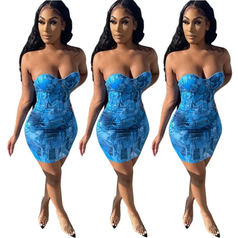 

2021 Summer New Style Sparse and Dense Print Sexy Fashion Breast-Wrapped Dress Women