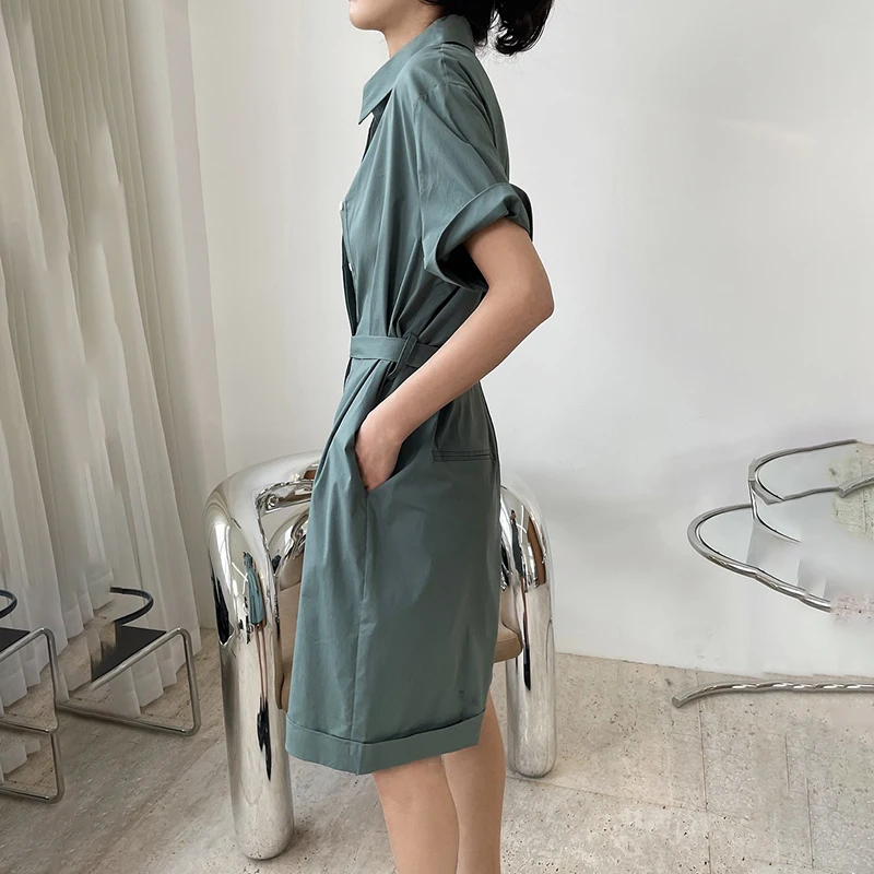 SHENGPALAE простой зеленый комбинезон для женщин Лето 2021 новый отворот свободный