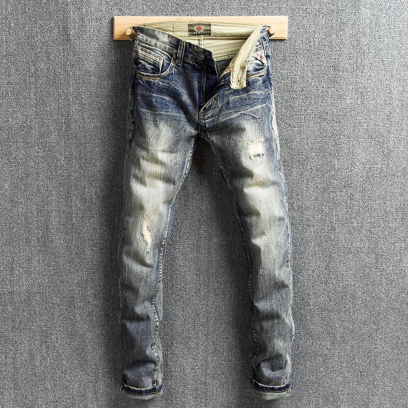 

Italian Style Fashion Men Jeans Retro Yellow Blue Wash Slim Fit Ripped Jeans For Men Patchwork Designer Hip Hop Denim Punk Pants