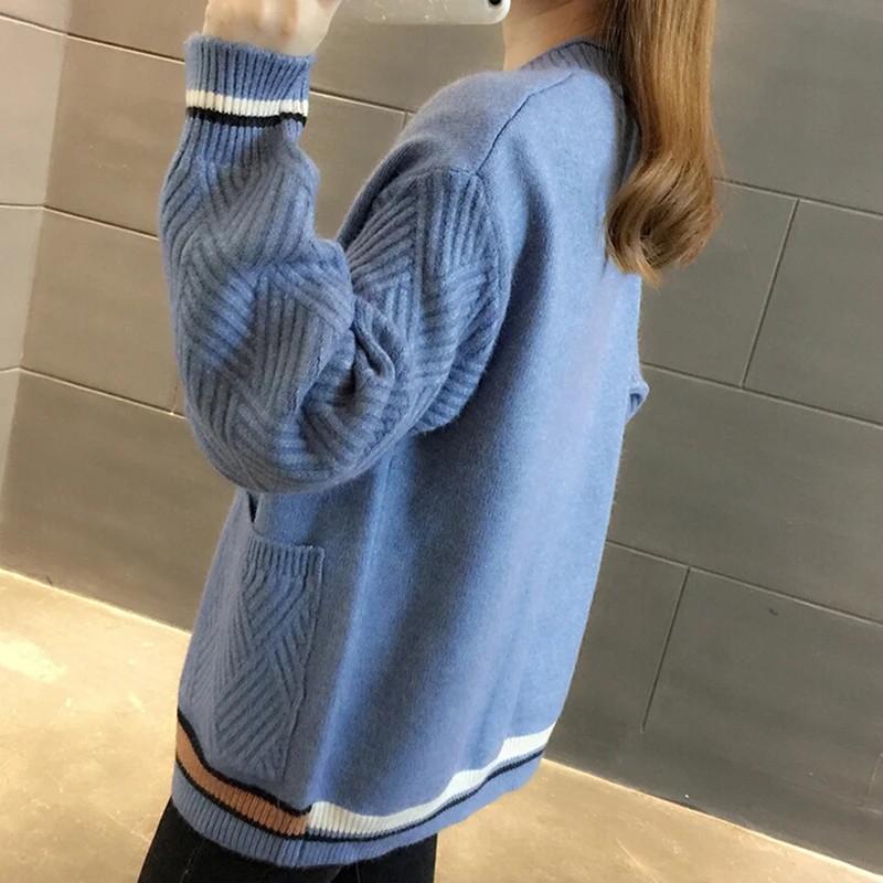 

Autumn Warm Striped Knitted Cardigans Sweater Women V Neck Long Sleeve Cardigan Black Button Pockets Knit Tops