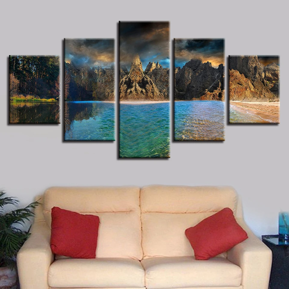 Картина из холста модульное искусство 5 шт. HD печать пляж горный лес комната