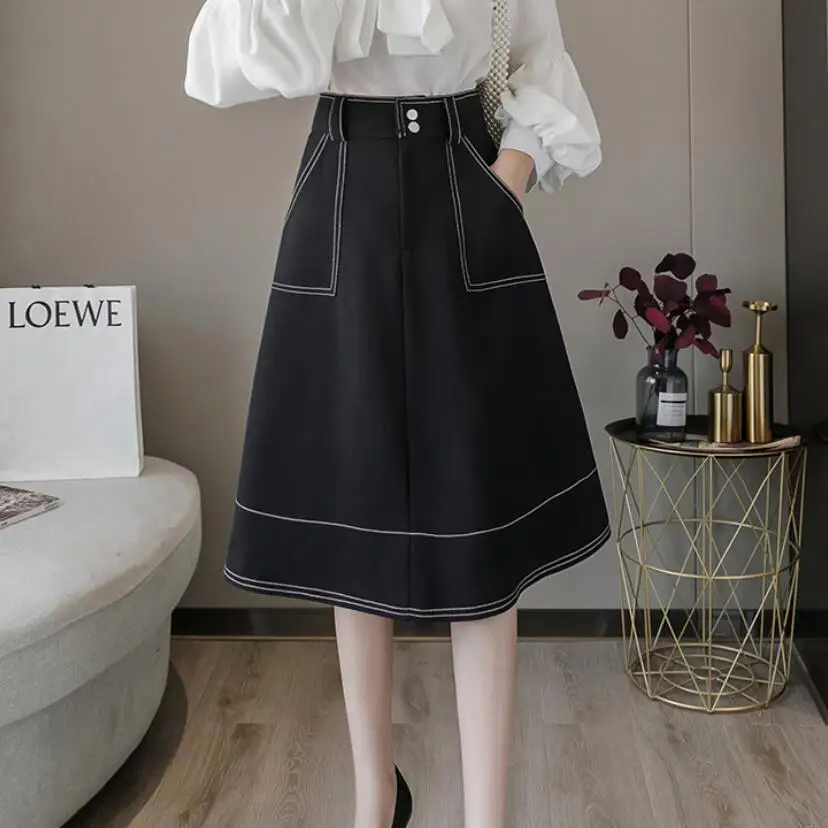 

Женские юбки, корейская мода, однотонная большая юбка-качели, длинная юбка, осень 2021, тонкие юбки Уайлд Высокая талия на пуговицах