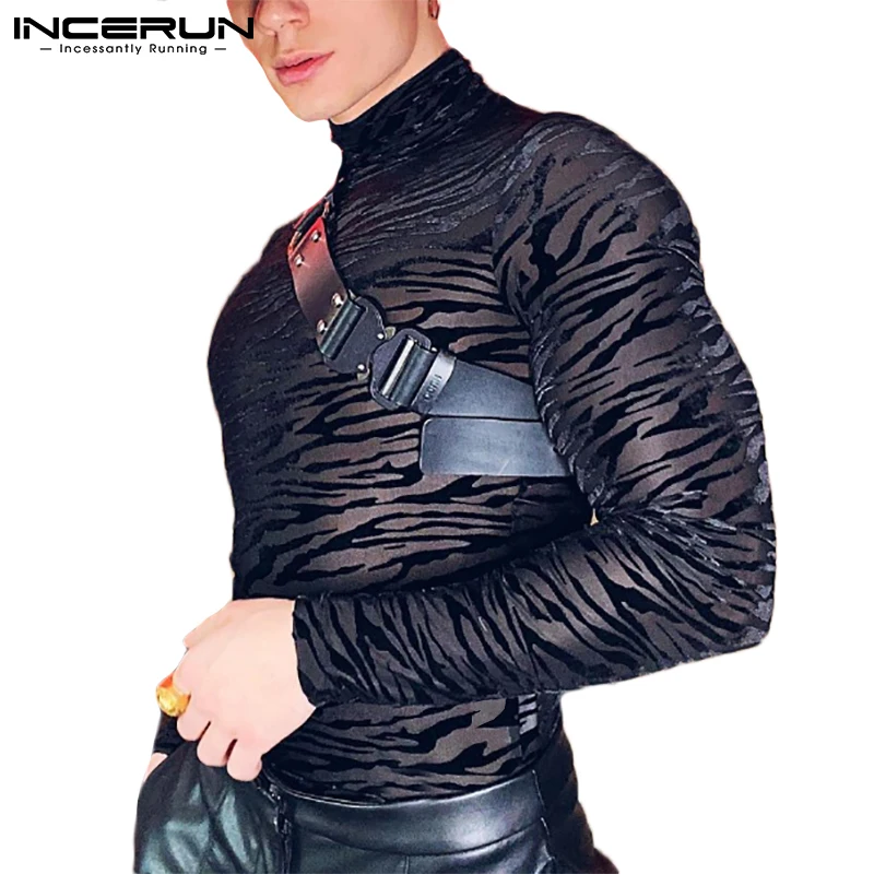 

INCERUN Men Mesh T Shirt Turtleneck Long Sleeve See Through Printed Casual Sexy Tee Tops Streetwear Party Nightclub Camisetas