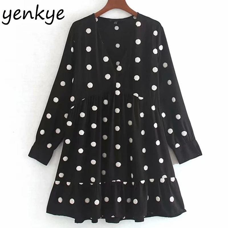 Осеннее платье 2019 женское в горошек с вышивкой Плиссированное Повседневное v