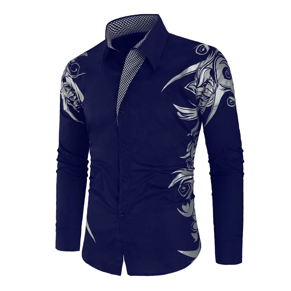 Navy Blue Новинка, мужские рубашки на весну и осень, повседневные Золотые рубашки с длинным рукавом, повседневные облегающие мужские рубашки - Цвет: Navy Blue