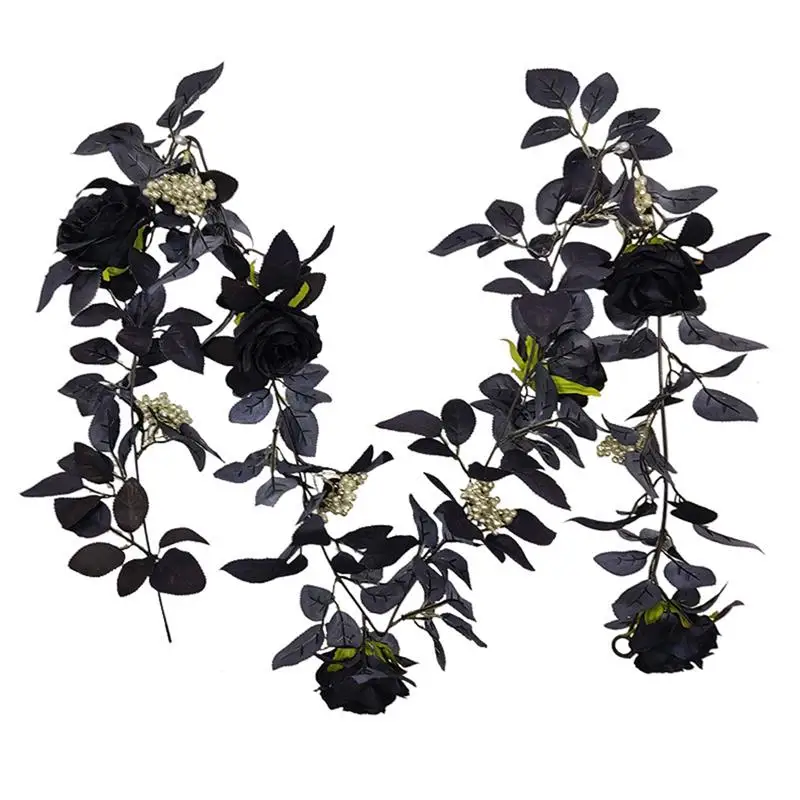 Artificial Silk Black Roses Flower Vine Decorative Fake Cloth Ivy Hanging Rose Garland Home Wall Decoration Faux Plants Leaf