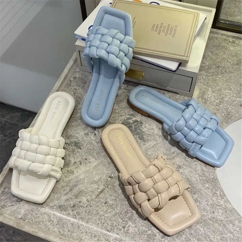 

Designer Weave Women Slipper Ladies Flat Sandal 2021 Square Toes Summer Slip-On Open Toe Blue Outdoor Female Beach Slides Shoes