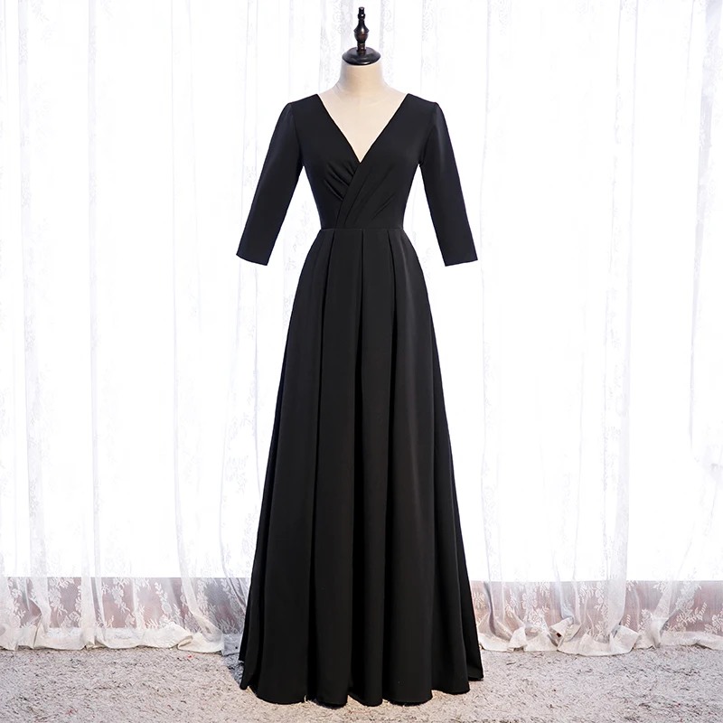 

New Black Sexy Deep V-Neck Simple Evening Dress Half Sleeves A-Line Ruched Floor-Length Zipper Back Party Formal Gown Woman B399