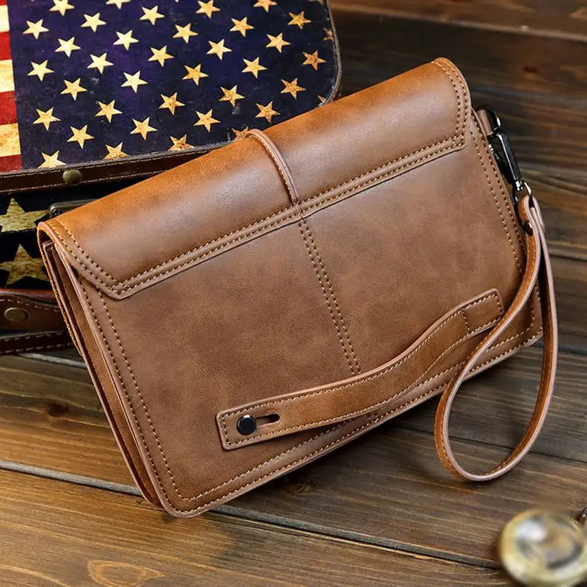 JNKET New Retro Men's PU Leather Handbag Large Capacity Clutch Bag Leisure Business Bag Detachable Wristlet