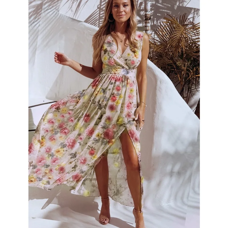 Summer Long Women's Dress V-neck Sleeveless A-line Beach Dress Floral Print Extra Long Chiffon Beach Holiday Dress