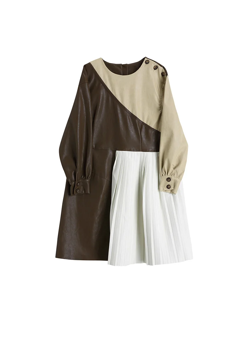 

SuperAen French Retro Patchwork Contrast O Neck Full Pleated Loose Slim High Waist A Line Leather Dresses for Women