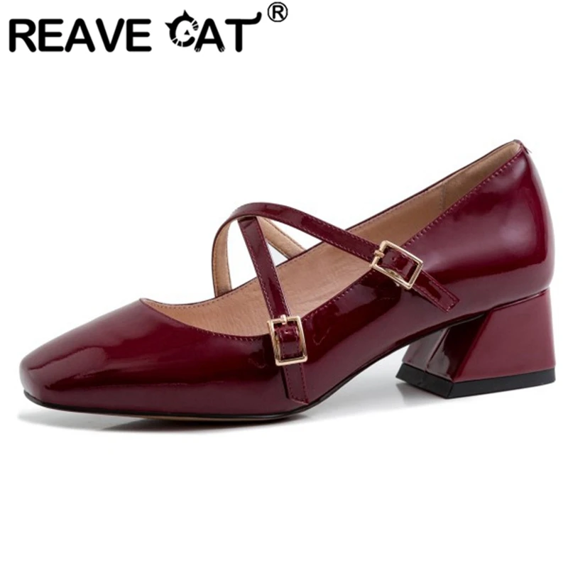 

REAVE CAT Spring Autumn Elegant Pumps Square Toe 4cm Hoof Heels Genuine Leather Cross Buckle Plus size 33-40 Leisure Party A2912