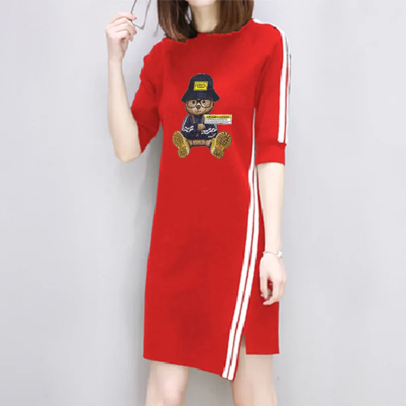 

2021 European Tennis Skirt Summer Lovely Girls and Cute Bear Printed Sport Skirts Round Neck Short Sleeve Slim Leisure Dress
