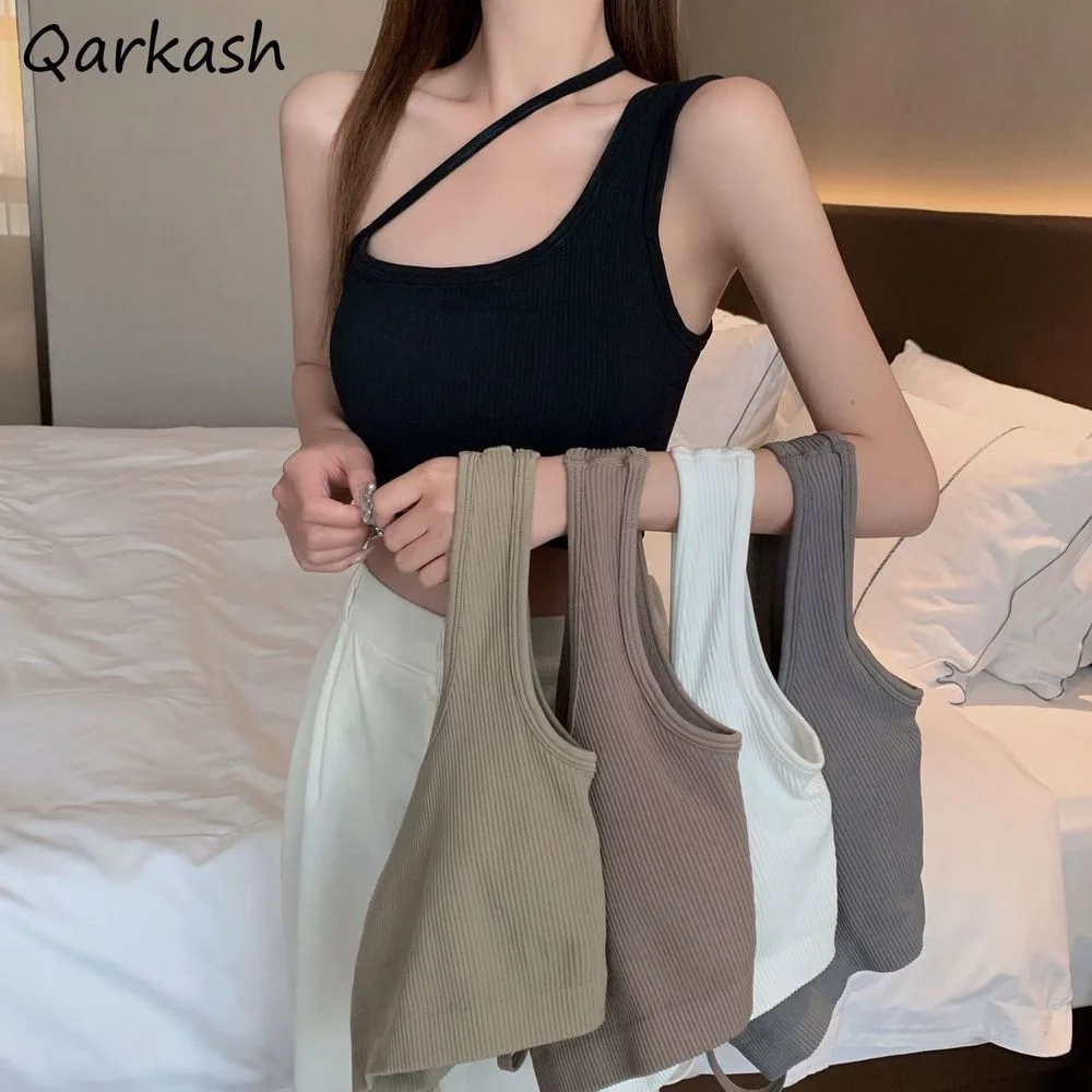 

Tanks Women Asymmetrical Solid Design Summer Padded Soft Fashion Female Simple Casual 8 Colors Comfortable Streetwear Slim New