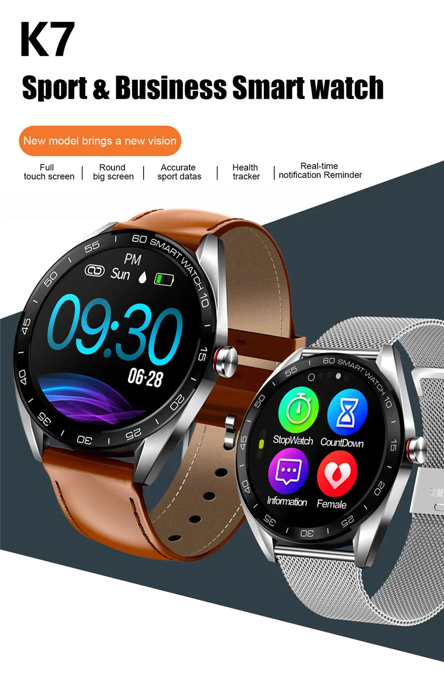 K7 Смарт часы Полный сенсорный экран Bluetooth Вызов пульсометр Шагомер Smartwatch для мужчин подключение Android IOS pk k88hplus