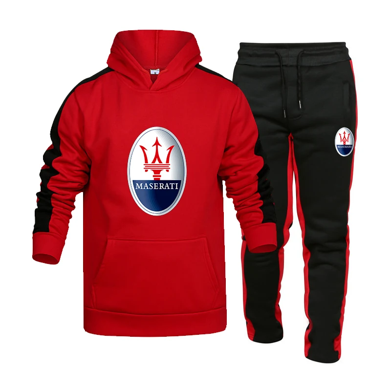 

Tracksuit Men 2 Piece Sets 2021 New MASERATIcar Brand Autumn Winter Print Hooded +pants Pullover Hoodie Sportwear Suit