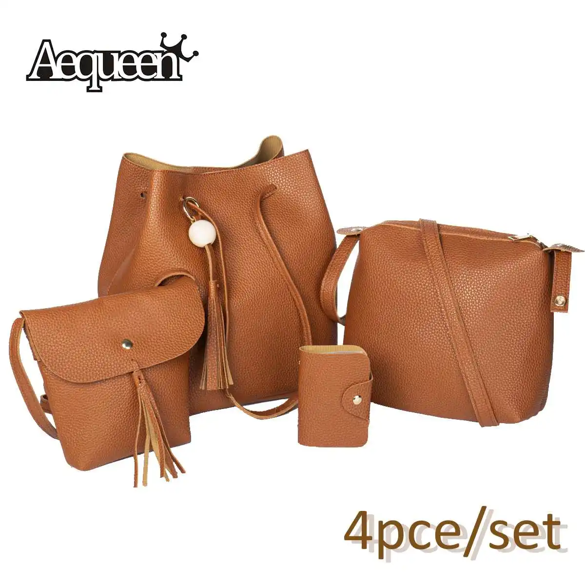

4PC Women Shoulder Bag Tassel Lychee Pattern Crossbody Bucket Bags Thicken Handbag Messenger Card Clip Wallet for Travel Work