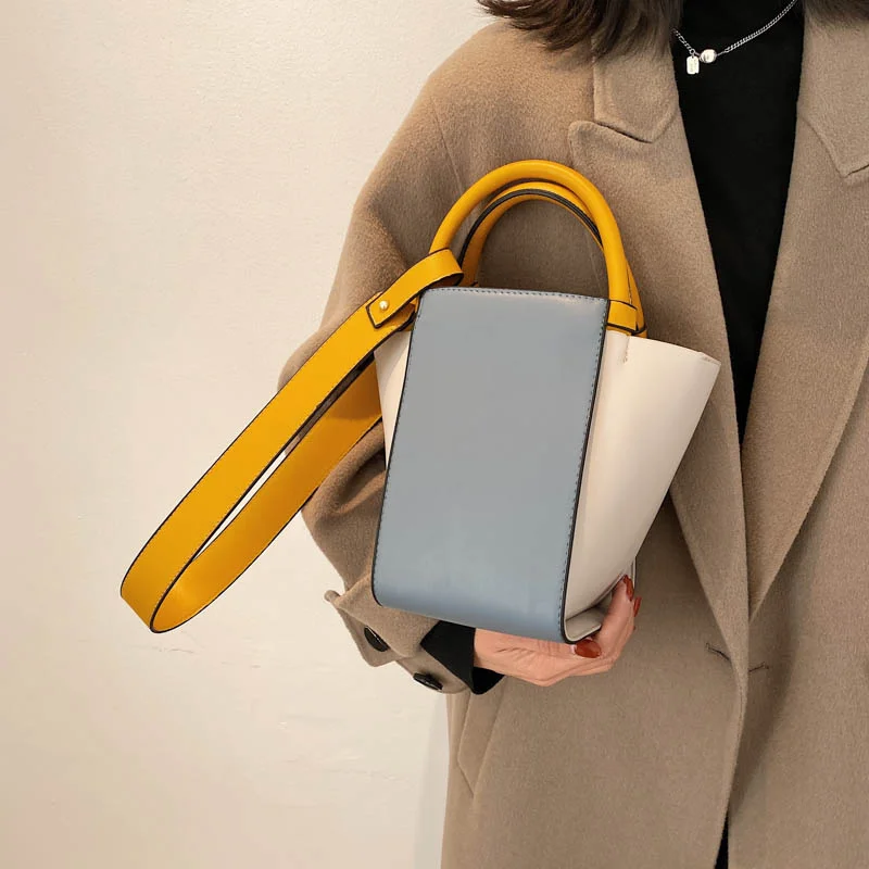 

Panelled Bucket Handbags Women Crossbody Bags 2021 Patchwork Leather Totes Purse Casual Shoulder Messenger Bag Sac New