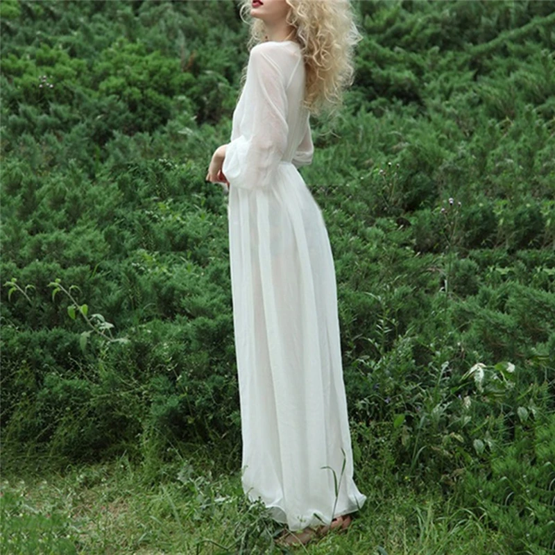 

Summer 2021 Vintage Literary Women Long Dress Solid Long Sleeve Chiffon Dress Fashion High Waist V-Neck Bohemian Beach Dress