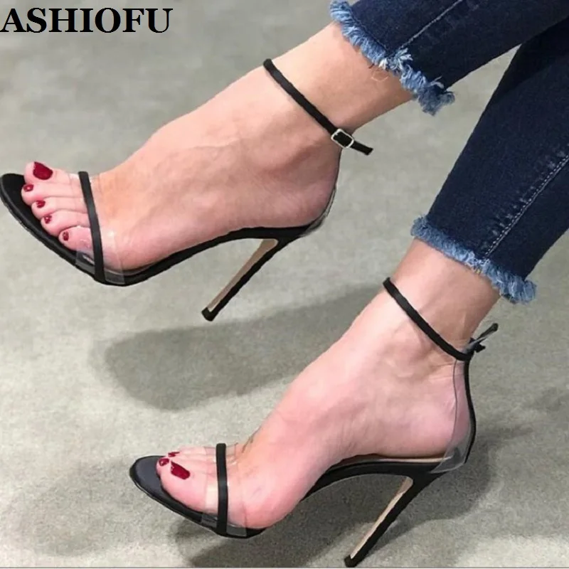 

Женские сандалии ручной работы ASHIOFU на высоком каблуке, из ПВХ кожи, летняя обувь для вечеринки, простая повседневная одежда, вечерние модны...