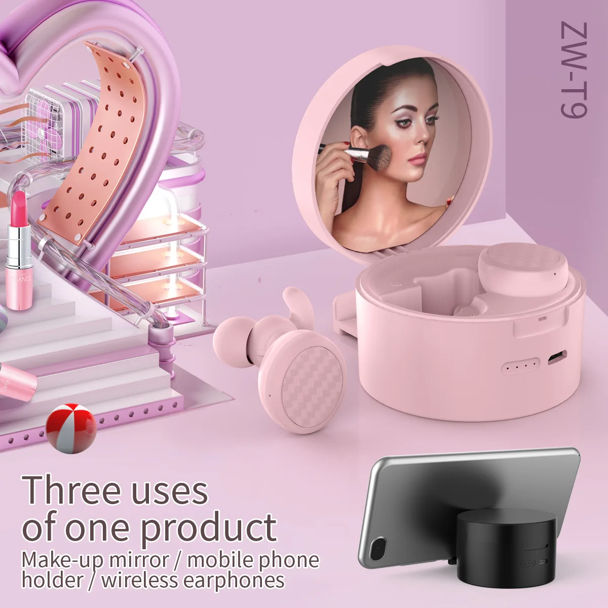 

The new bluetooth 5.0TWS creative girl makeup mirror running stereo wireless TWS can be used as a mirror mobile phone holder