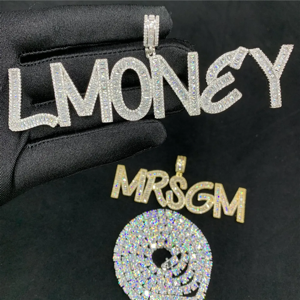 Обычай имя багет буквы хип хоп ледяной кулон цепь золото серебро Bling циркония