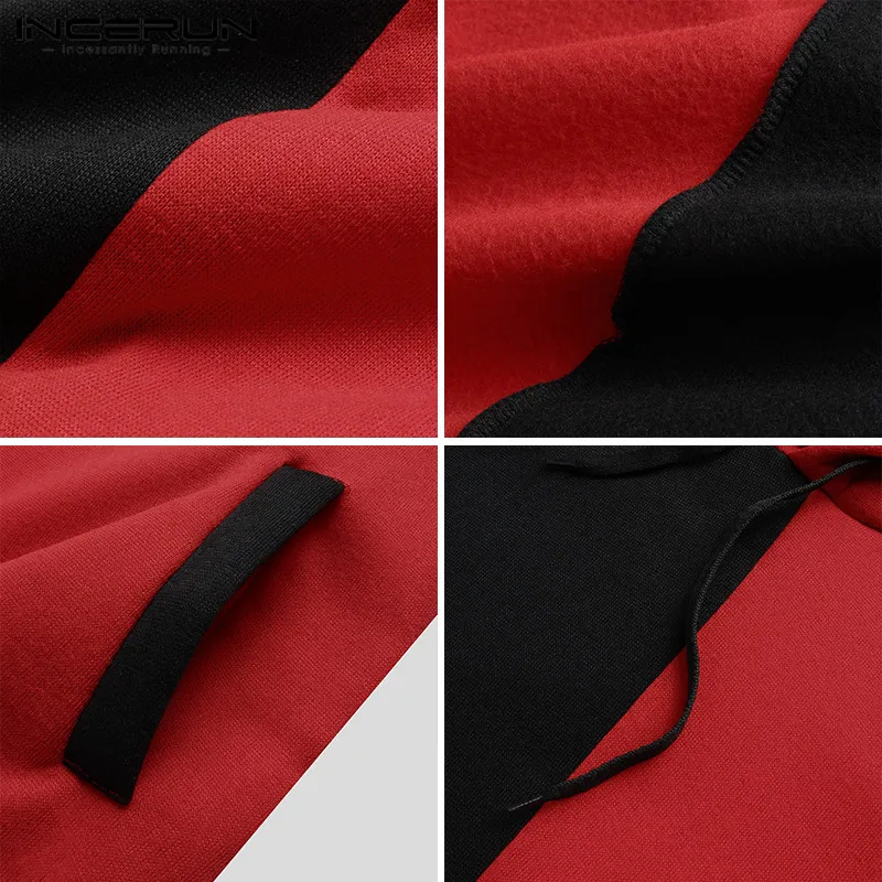 

Man Loose Pocket Hoody INCERUN Men Patchwork Sweatshirts Leisure Long Sleeve Hooded Pullovers Autumn Color Stitching Hoodies 5XL