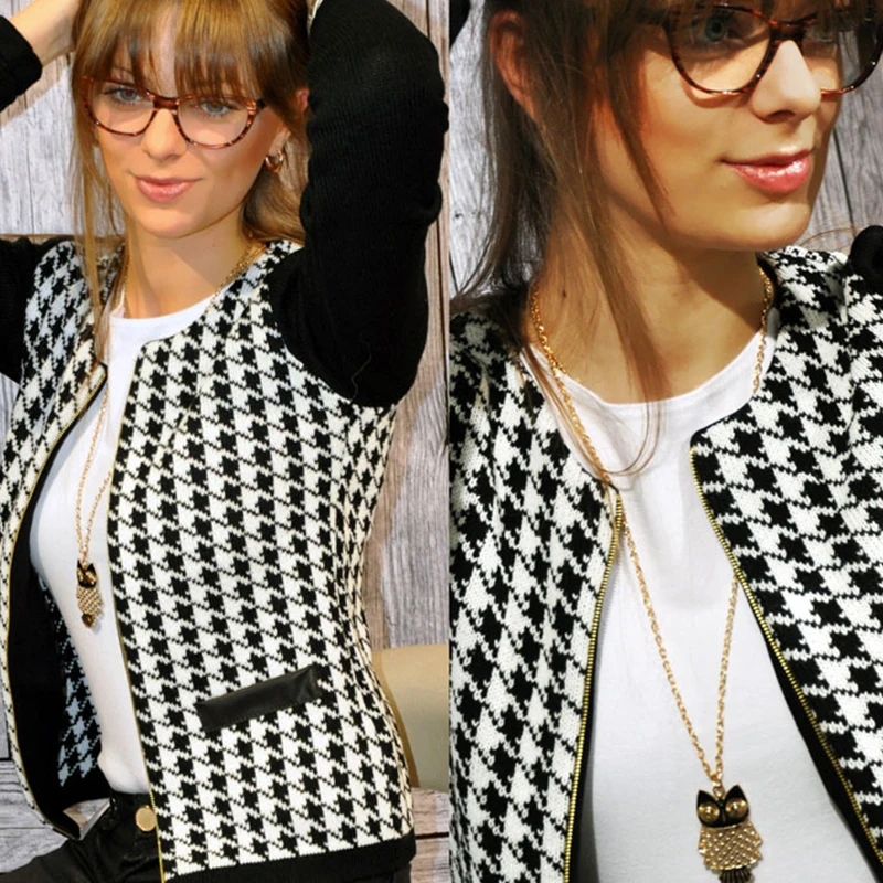

Slim Jacket Women's Fashion Casual Coat Houndstooth Jakcet Long Sleeve Women Top Splicing Zip Coat Female