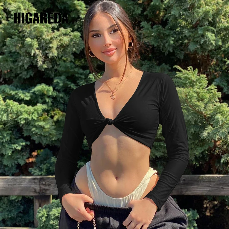 

2020 Long Sleeve V-Neck Sexy Crop Top Autumn Winter Winter Women Fashion Streetwear Outfits Tshirts Tees