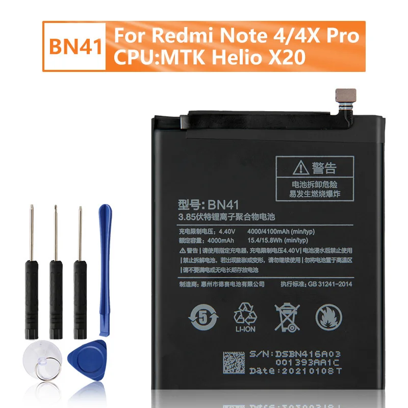 BN41 Battery For Xiaomi Redmi Note 4 Redmi Note4 Note 4X BN41 Rechargeable Replacement Phone Battery 4100mAh + Tools  - buy with discount
