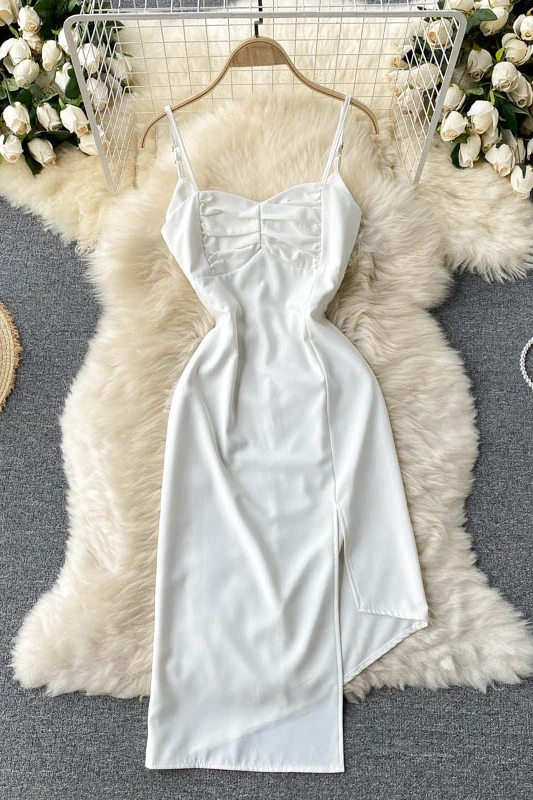

Women Sexy Party Club Dress Spaghetti Strap V-neck Medium Long Dresses Lady Basic Solid Color Vintage A-line Dress 2021