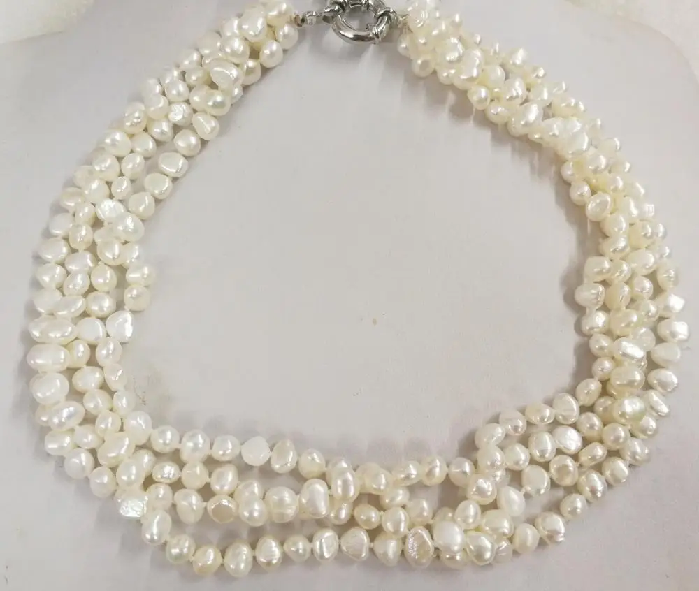 

9mm 4 strands bright white baroque flat real pearl necklace natural freshwater pearl Woman Jewelry 43cm 17'' 14'' 35cm