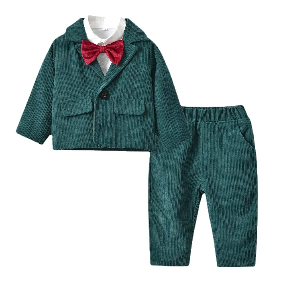 

Children's fashion autumn long-sleeved corduroy jacket solid color cotton shirt children's pants three-piece British 2021