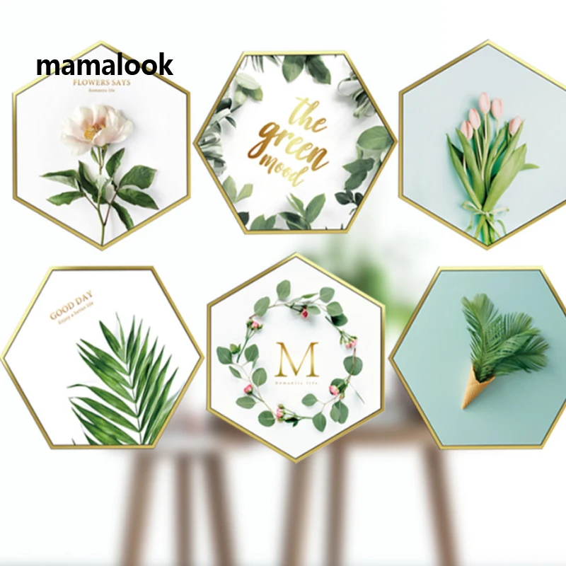 

Green plant hexagonal frameless picture living room bedroom study decoration self-adhesive removable wall stickers