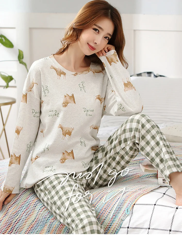 M L XL XXL 3XL 4XL 5XL Женская одежда для сна с длинным рукавом, хлопок, комплекты одежды для сна, осенние пижамы, женские пижамы