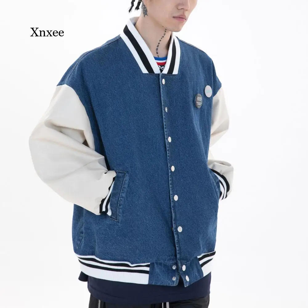 

2021 Harajuku Baseball Coat Hip Hop Mens Denim Jackets Pu Leather Sleeve Streetwear Bomber Jacket Men Fashion Overcoat Clothing