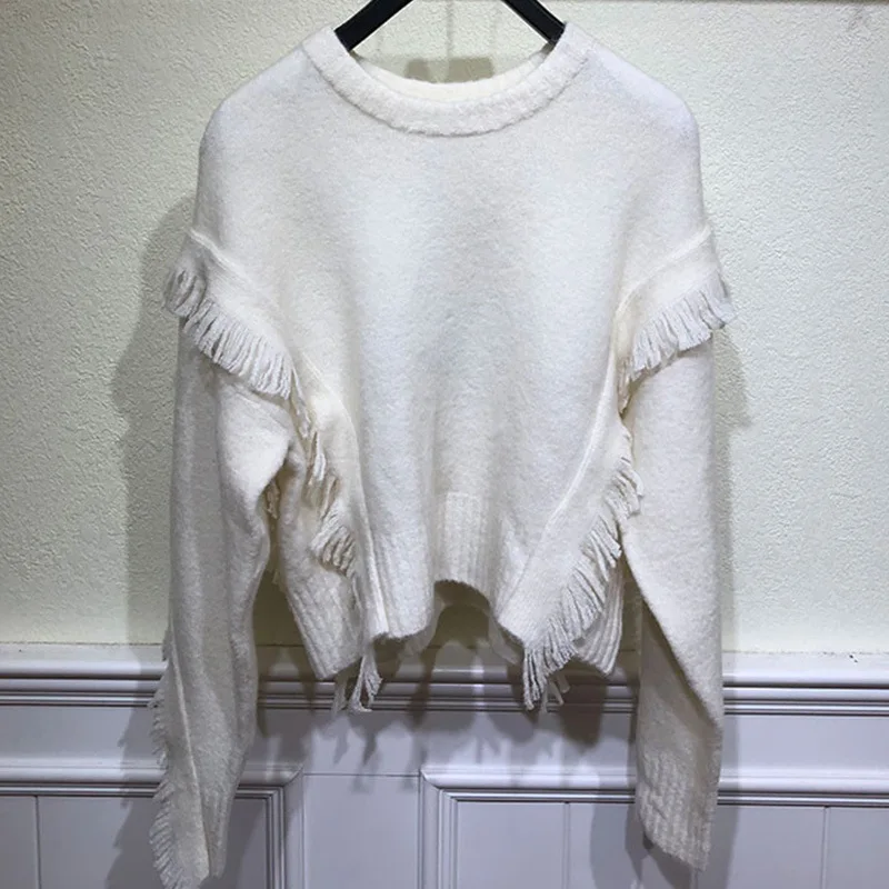 Осень Зима 2020 черный свитер новый с бахромой шерстяной пуловер из мохера