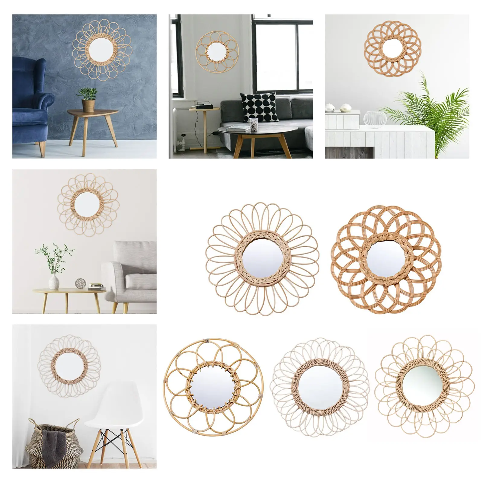 

Rattan Mirror Creative Art Decoration Round Makeup Mirror Dressing Bathroom Wall Hanging Mirror for Home Living Room Decor