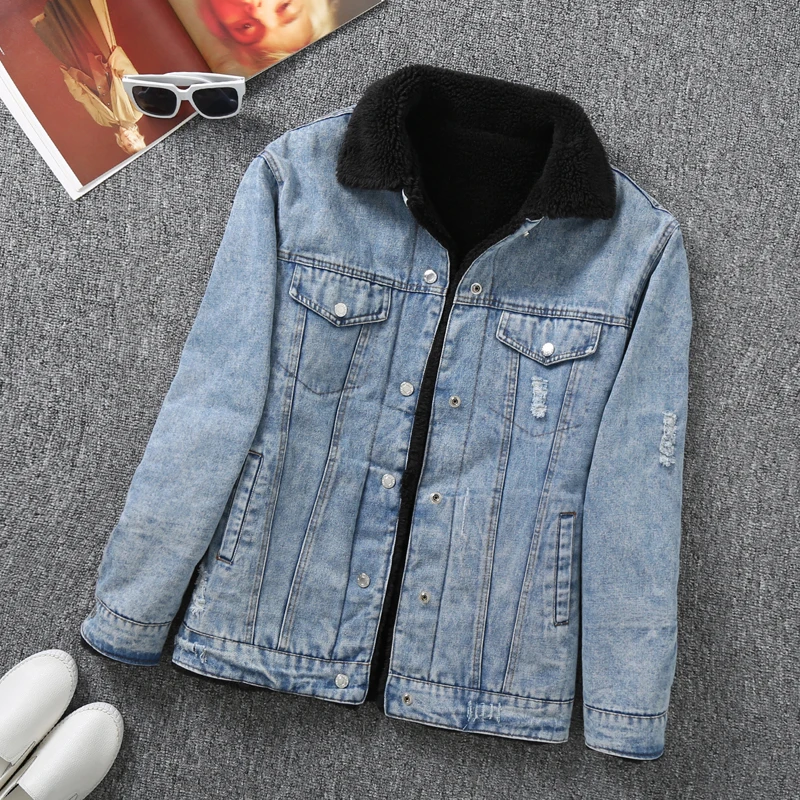 Женская джинсовая куртка с длинным рукавом однотонная теплая Повседневная из