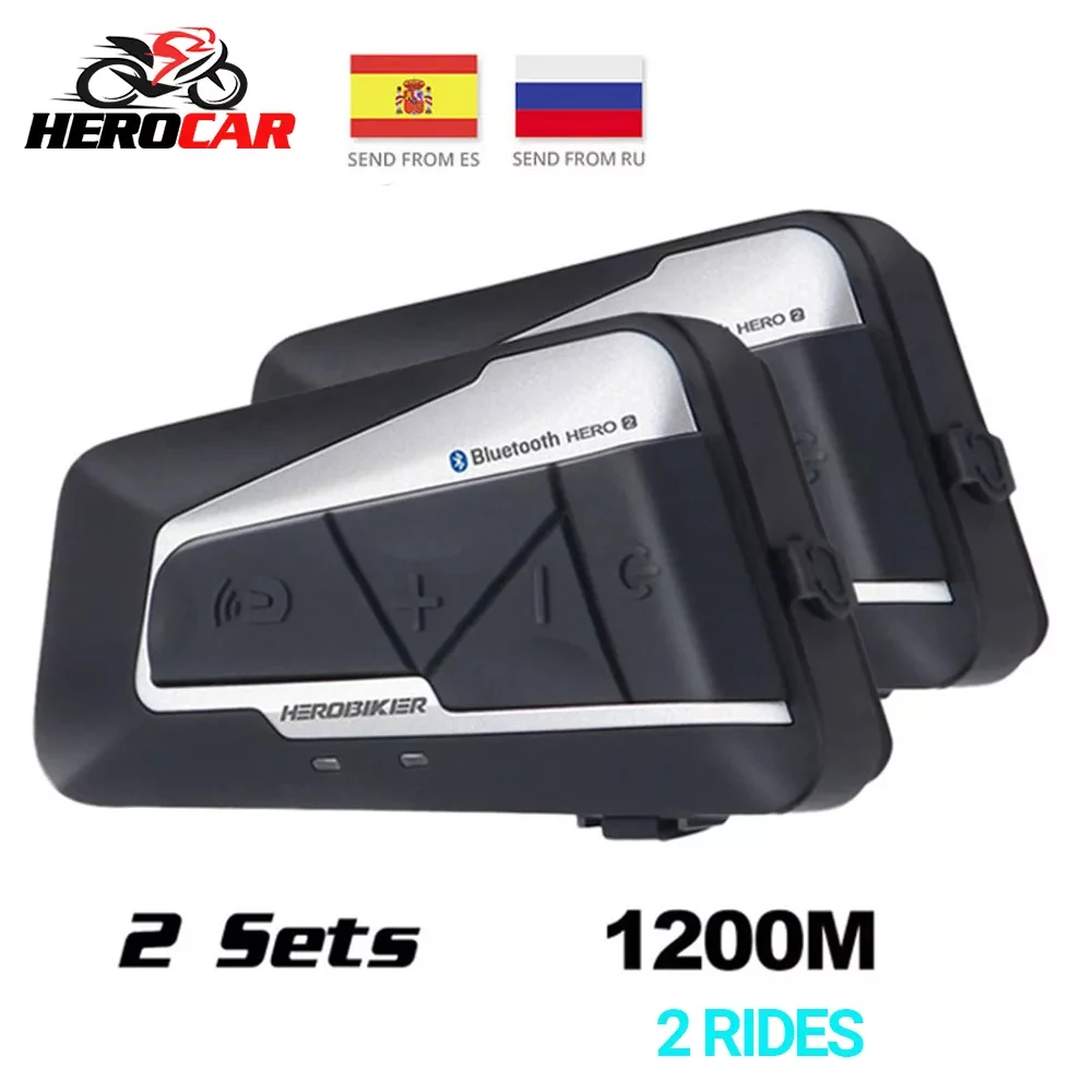 

HEROBIKER 2 Sets 1200M BT Motorcycle Helmet Intercom Waterproof Wireless Bluetooth Moto Headset Interphone FM Radio For 2 Rides