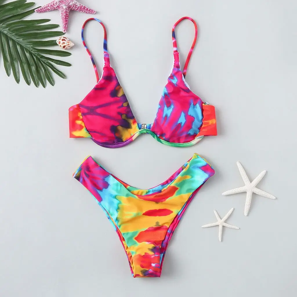 

Tie Dye Bikinis 2021 Woman Brazilian Thong Bikini Push Up Swimsuit Summer Sexy Bandage Swimwear Women Bathing Suit Padded