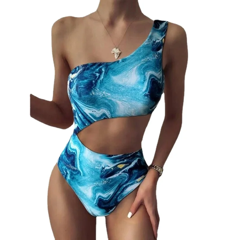 

2021 New Bikini Swimsuit One Piece Printed Bikini Wavy Hollow Swimsuit