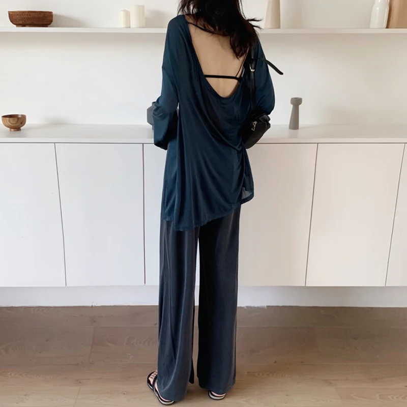 Весна-лето Женская шикарная свободная футболка с открытой спиной + широкие брюки