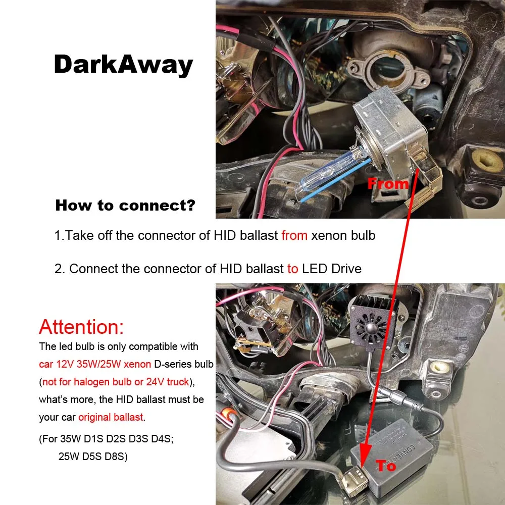 Автомобильные светодиодные лампы DarkAway D1S D2H D3S D4S D5S D8S такого же размера как и