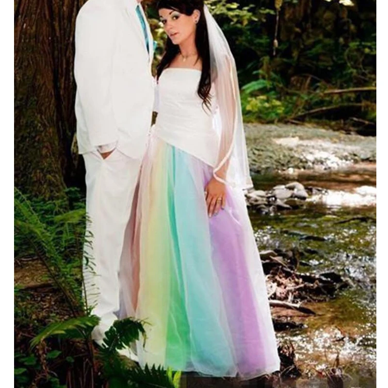 

Colorful Rainbow Wedding Dress 2021 Strapless Satin Fancy Multi-Colored Tulle Romantic Wedding Gown for Bride Robe de mariee