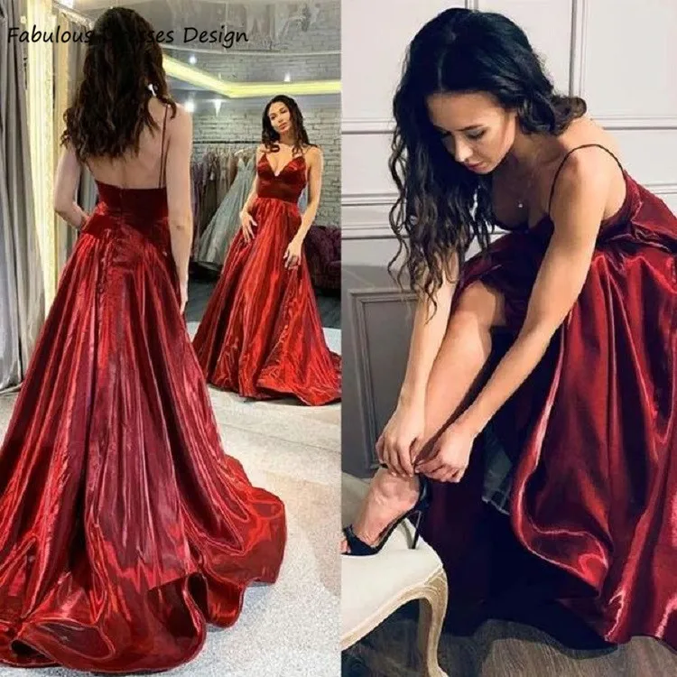 

Burgundy Spaghetti Strap Long Prom Dresses 2021 Sweep Train V Neck Backless A Line Evening Dress Party For Women فساتين السهرة